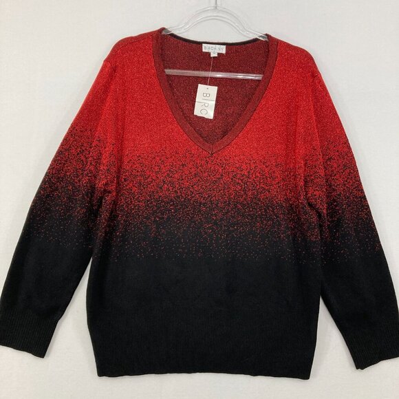 New Birch NY size 1X Red Black Ombre V Neck Stretch Knit Long Sleeve Sweater - Picture 1 of 9